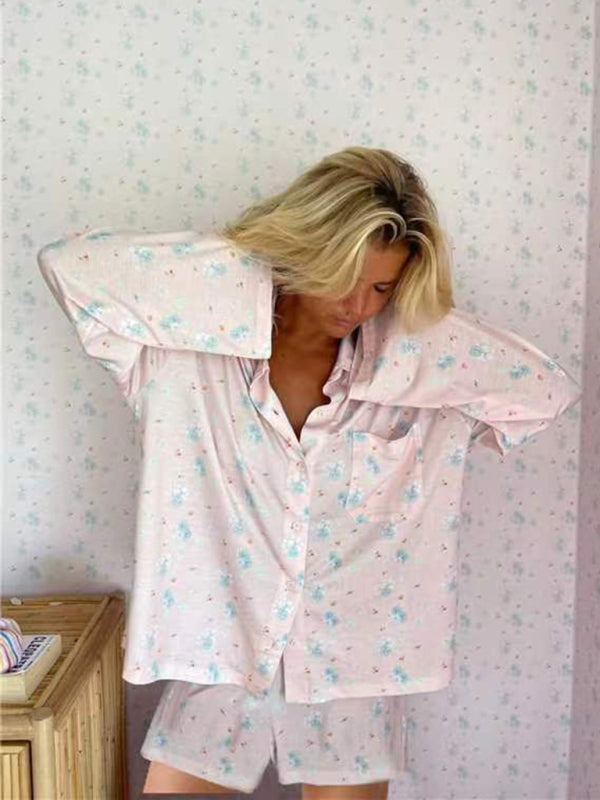 Neuer bedruckter Pyjama mit langen Ärmeln und Schlitzen, lockere Shorts mit langen Ärmeln, Homewear-Set