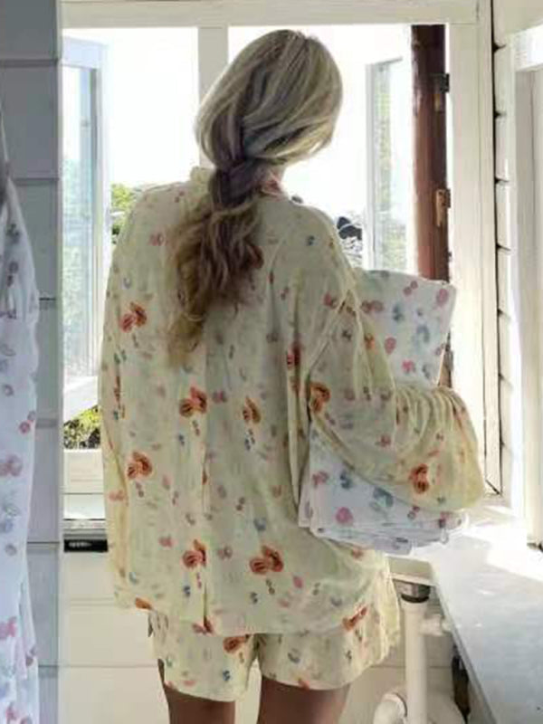 Neuer bedruckter Pyjama mit langen Ärmeln und Schlitzen, lockere Shorts mit langen Ärmeln, Homewear-Set