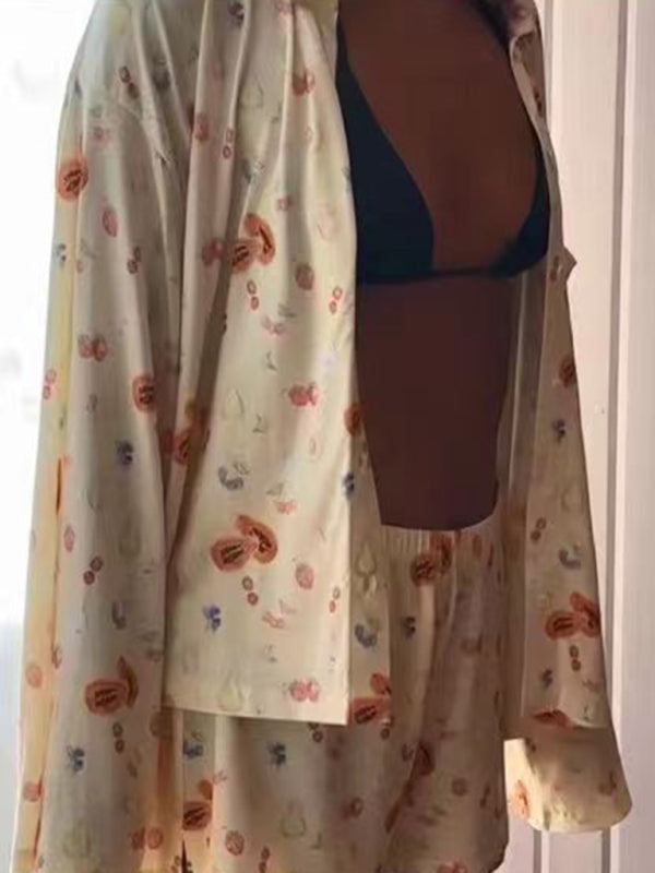 Neuer bedruckter Pyjama mit langen Ärmeln und Schlitzen, lockere Shorts mit langen Ärmeln, Homewear-Set