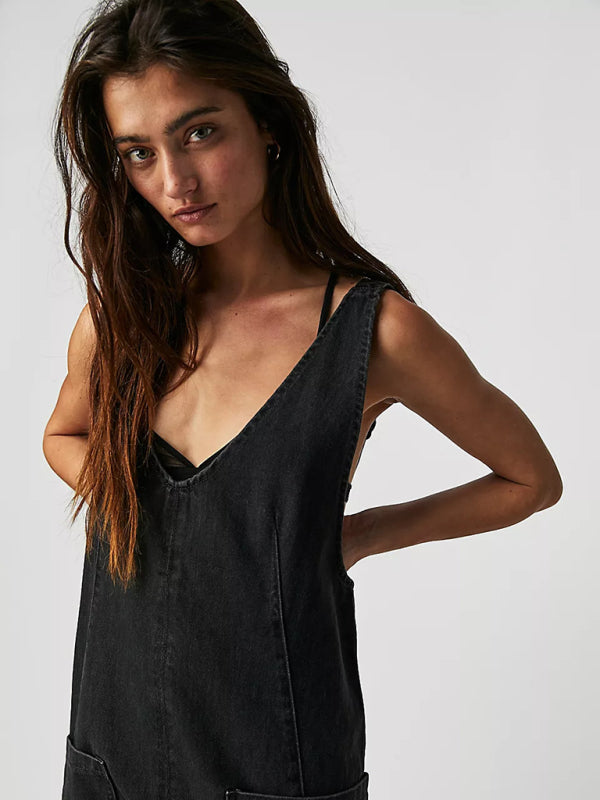 Black V-neck jumpsuit with minimalist design