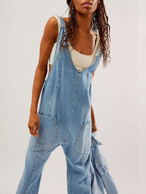 Light blue denim V-neck jumpsuit with pockets