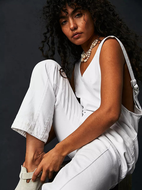 White V-neck jumpsuit with adjustable straps