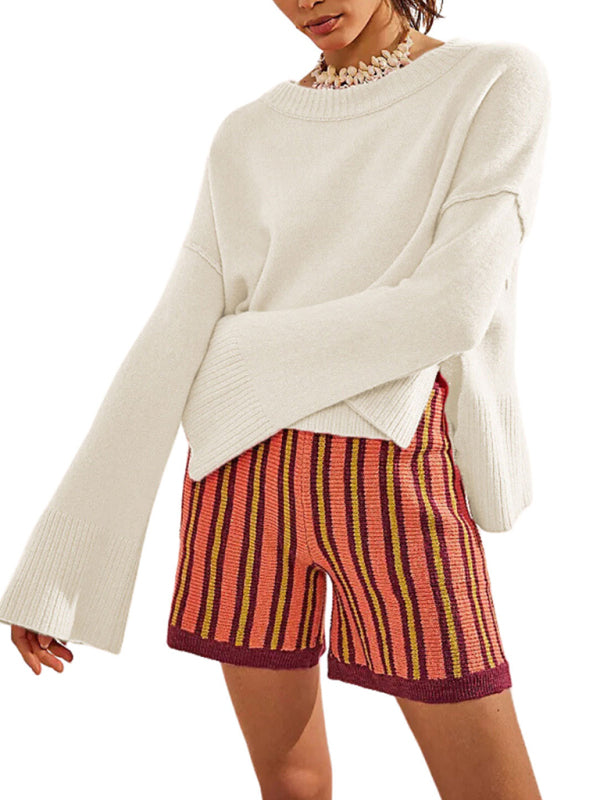 Pull à manches cloche et col rond pour femme, couleur unie, Simple, à la mode, nouvelle collection