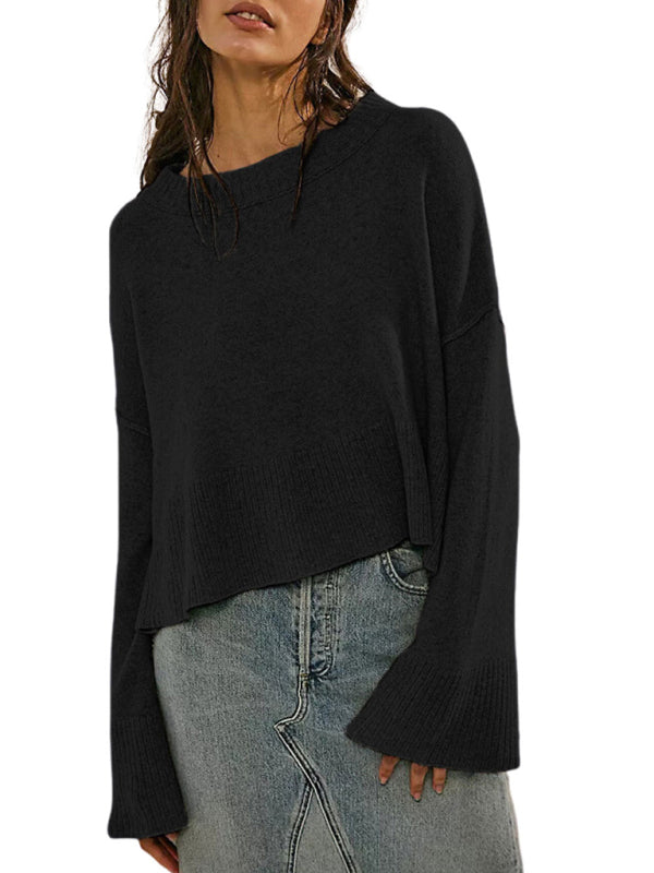 Pull à manches cloche et col rond pour femme, couleur unie, Simple, à la mode, nouvelle collection