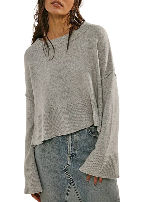 Pull à manches cloche et col rond pour femme, couleur unie, Simple, à la mode, nouvelle collection