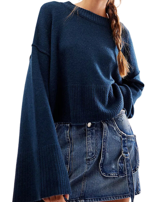 Pull à manches cloche et col rond pour femme, couleur unie, Simple, à la mode, nouvelle collection
