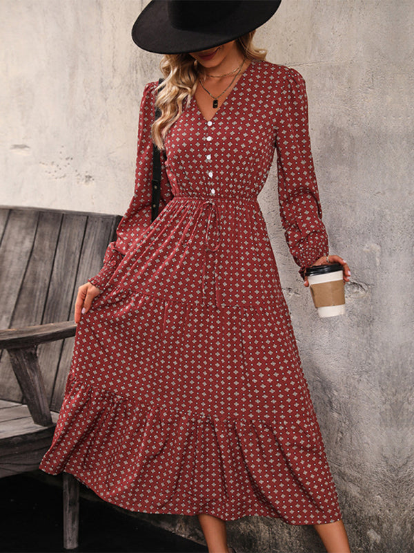 Robe imprimée à manches longues et col en v pour femmes, nouvelle collection