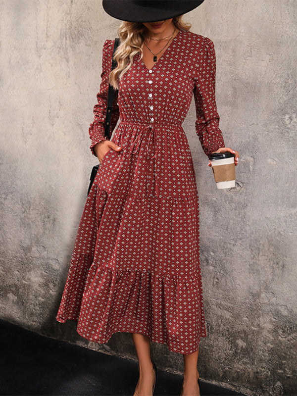 Robe imprimée à manches longues et col en v pour femmes, nouvelle collection