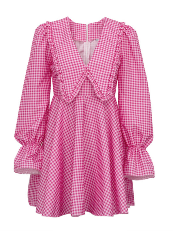 Langärmliges Damenkleid in A-Linie mit kariertem Puppenkragen und stilvollem Design