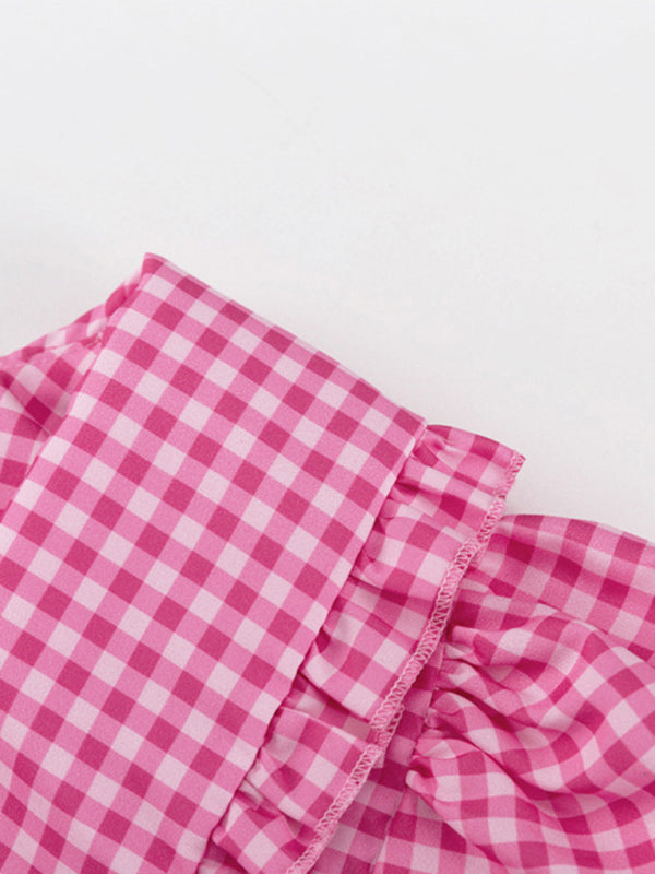 Langärmliges Damenkleid in A-Linie mit kariertem Puppenkragen und stilvollem Design