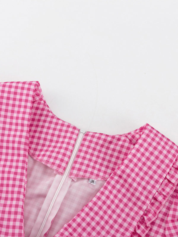 Langärmliges Damenkleid in A-Linie mit kariertem Puppenkragen und stilvollem Design