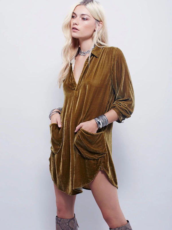New solid color casual V-neck loose long-sleeved gold velvet shirt dress