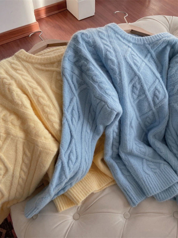 Pull ample torsadé à manches longues et col rond pour femme