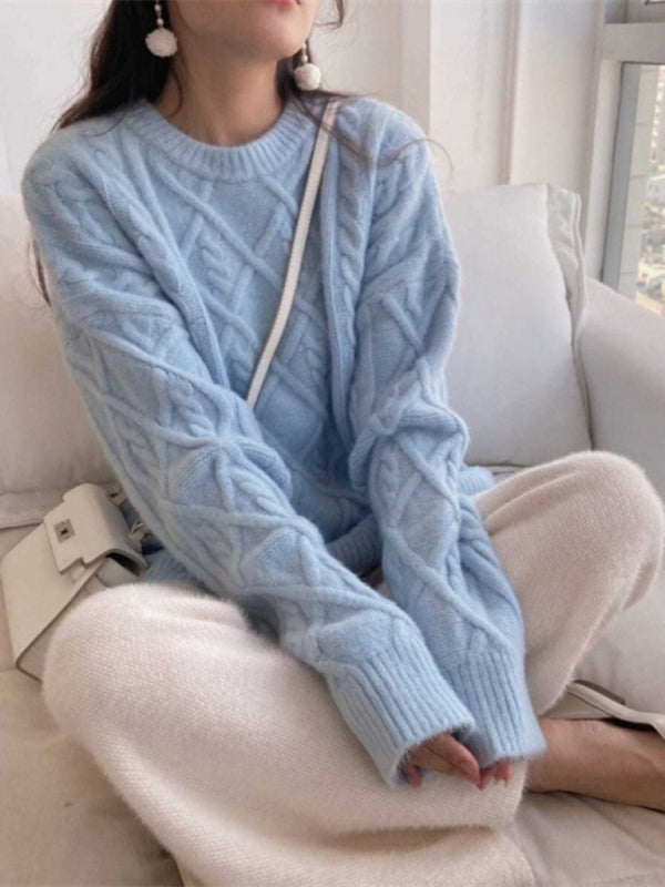 Pull ample torsadé à manches longues et col rond pour femme