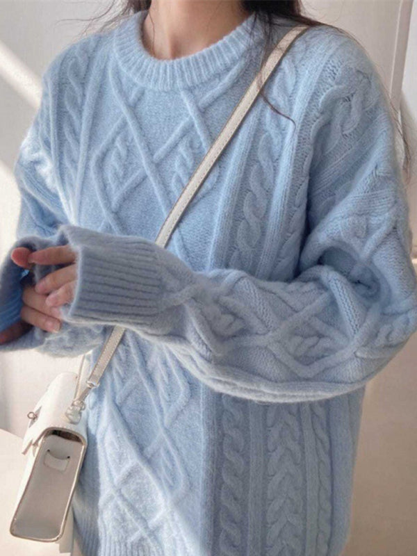 Pull ample torsadé à manches longues et col rond pour femme