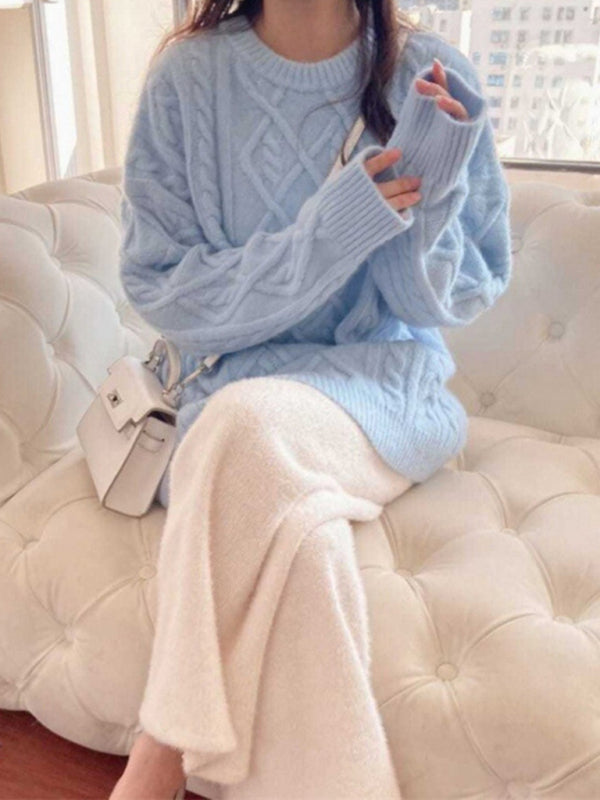 Pull ample torsadé à manches longues et col rond pour femme