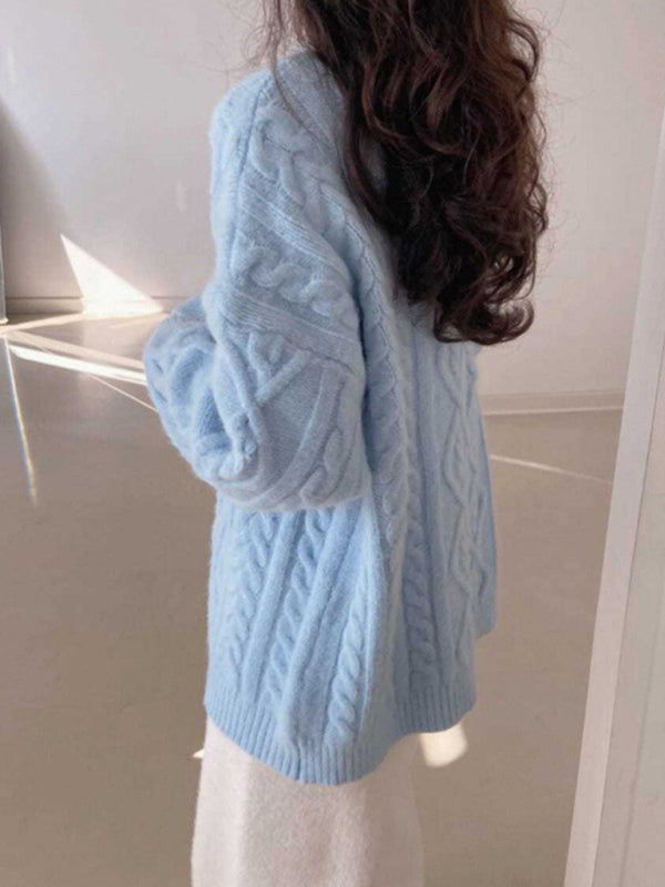 Pull ample torsadé à manches longues et col rond pour femme