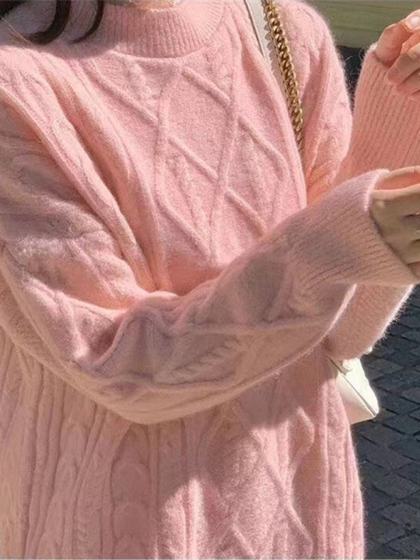 Pull ample torsadé à manches longues et col rond pour femme