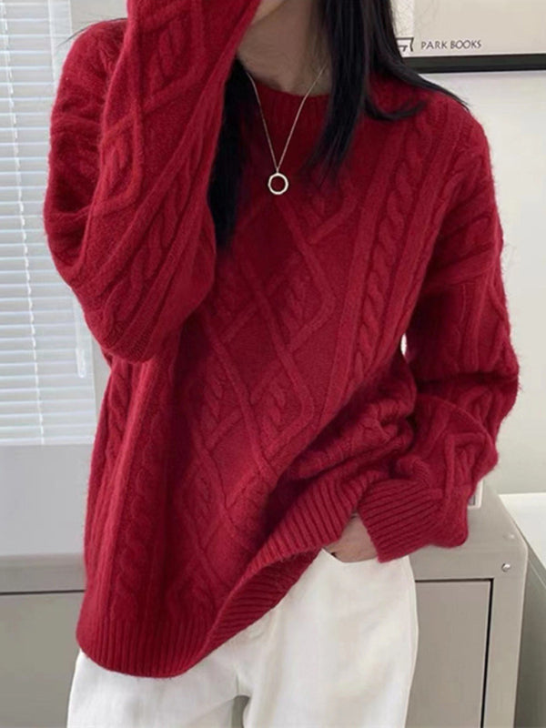 Pull ample torsadé à manches longues et col rond pour femme