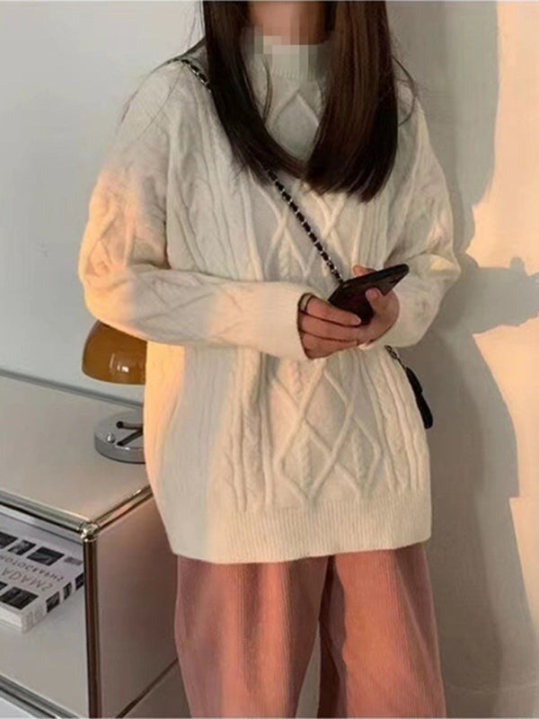 Pull ample torsadé à manches longues et col rond pour femme