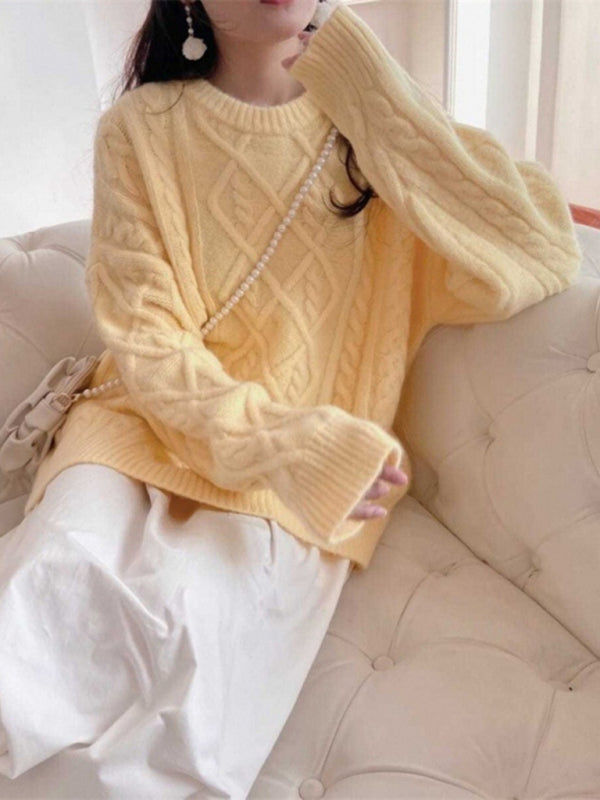 Pull ample torsadé à manches longues et col rond pour femme