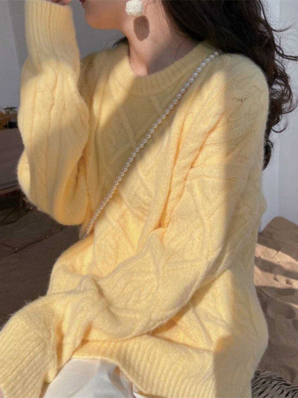 Pull ample torsadé à manches longues et col rond pour femme