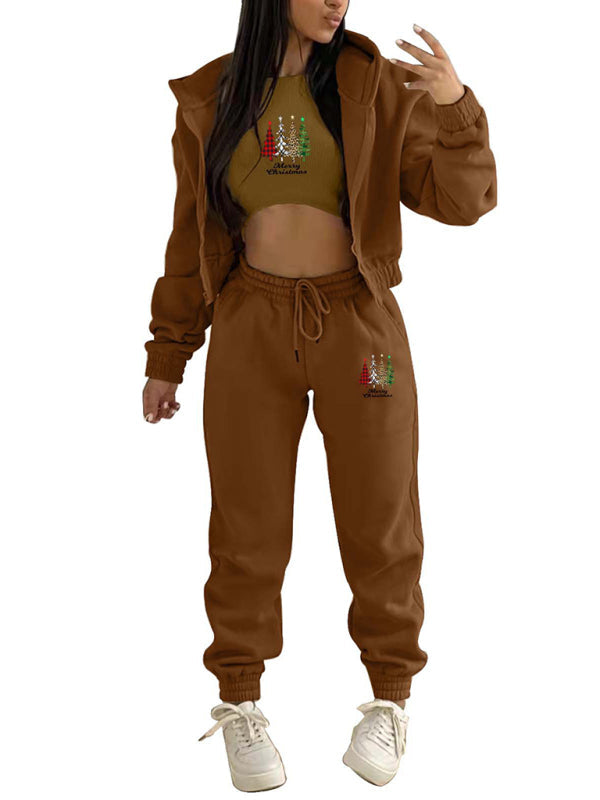 Neuer Samt-Sweatshirt-Sport- und Freizeitanzug mit Weihnachtsbaum-Print und Kapuze (dreiteiliges Set)