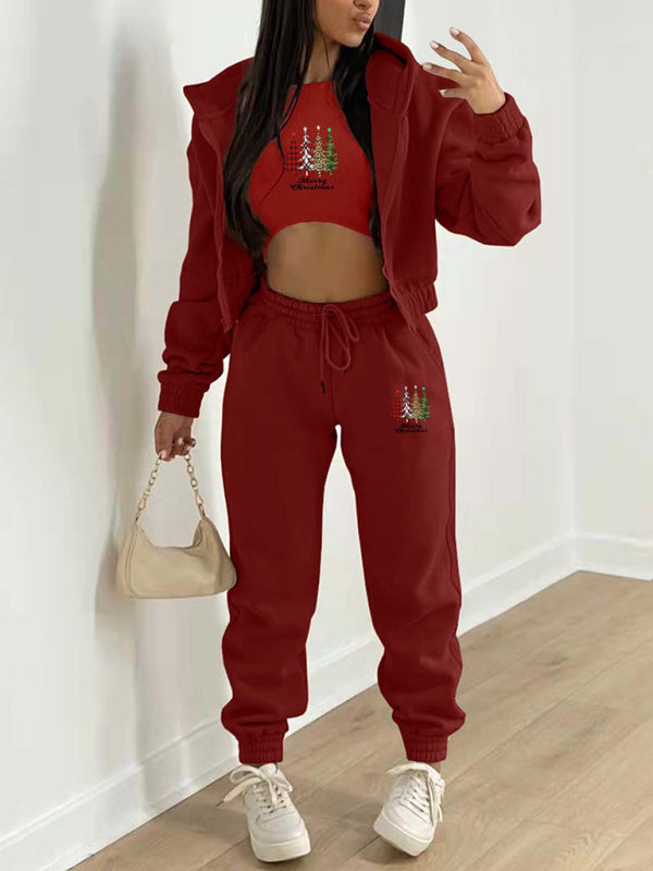 Neuer Samt-Sweatshirt-Sport- und Freizeitanzug mit Weihnachtsbaum-Print und Kapuze (dreiteiliges Set)