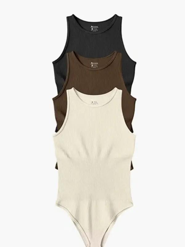Set of three bodysuits in black, brown, and beige