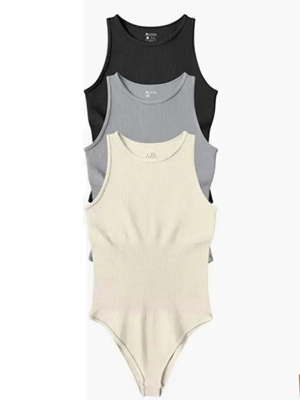 Set of three bodysuits in black, gray, and beige