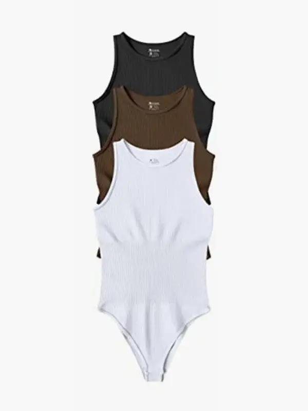 Set of three bodysuits in black, brown, and white