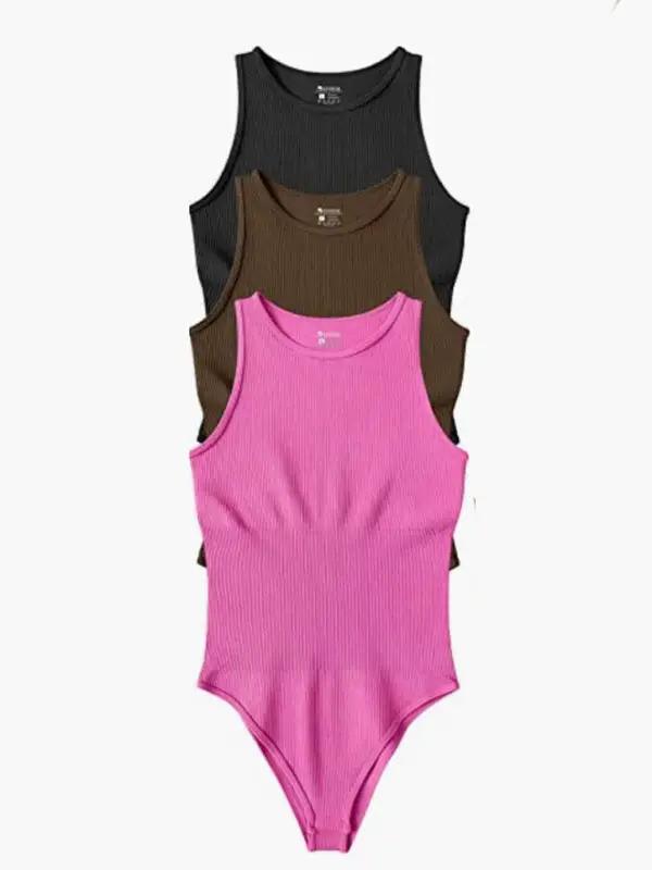 Set of three bodysuits in black, brown, and pink
