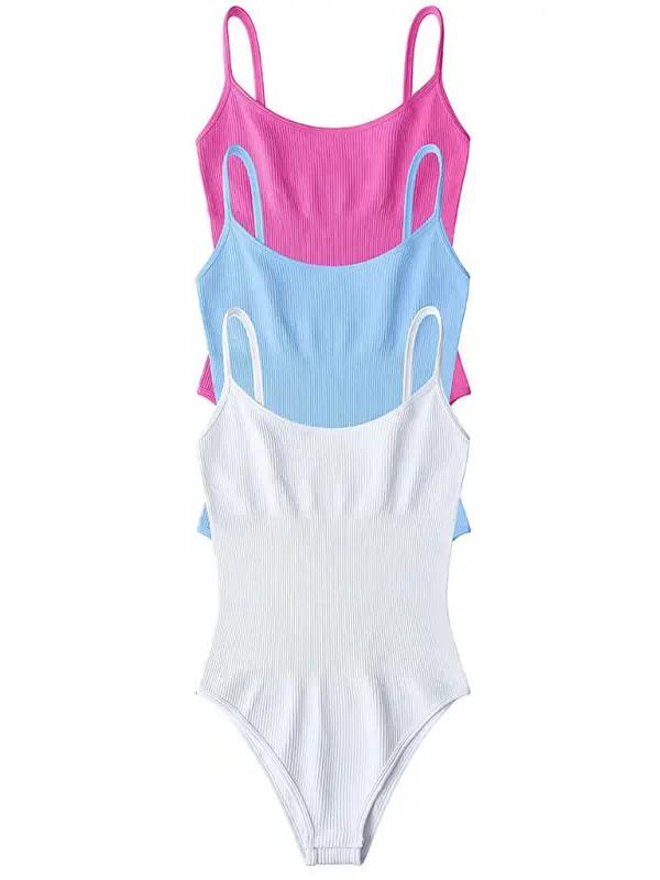 Pink, blue, and white ribbed tank top bodysuits