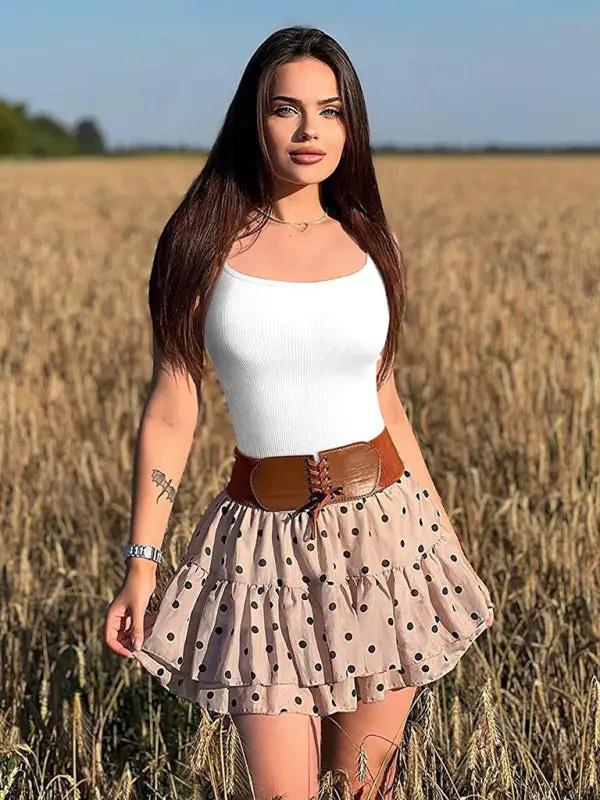 White tank top bodysuit with polka dot skirt