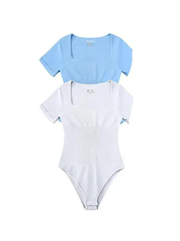 Blue and white square collar bodysuits