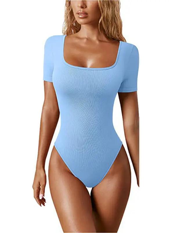 Blue sexy square collar short sleeve bodysuit