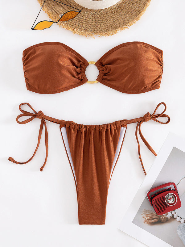 Nouveau Maillot de bain fendu de couleur unie bustier tubulaire bikini sexy