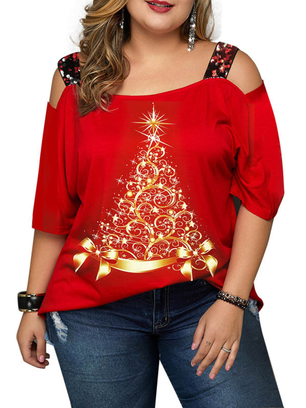 T-shirt ample à manches courtes et épaules dénudées imprimé arbre de noël, grande taille