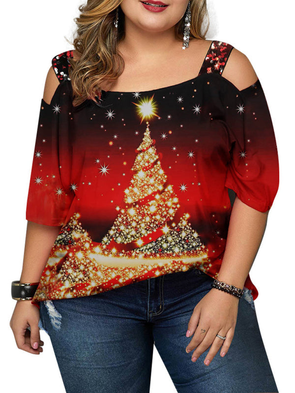T-shirt ample à manches courtes et épaules dénudées imprimé arbre de noël, grande taille