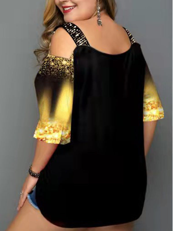 T-shirt ample à manches courtes et épaules dénudées imprimé arbre de noël, grande taille