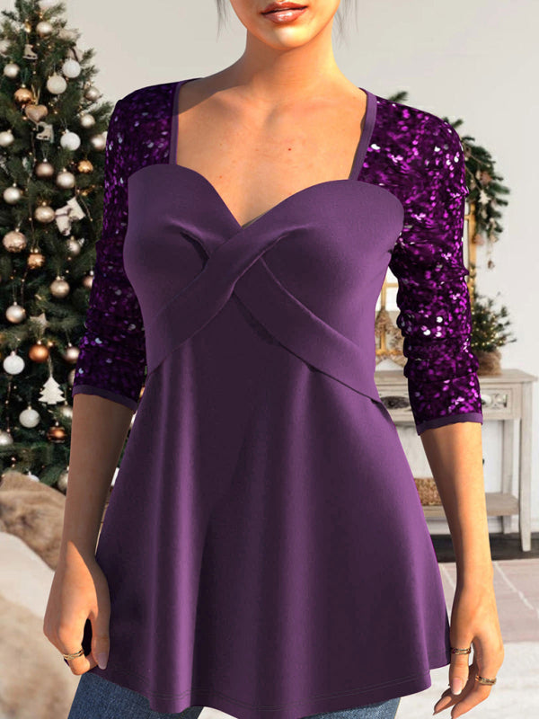 Pailletten Patchwork Top Taillenbetonendes Plissee V-Ausschnitt A-Saum Damen T-Shirt