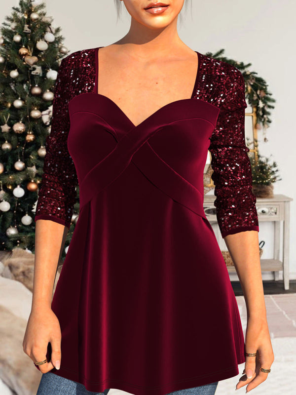 Pailletten Patchwork Top Taillenbetonendes Plissee V-Ausschnitt A-Saum Damen T-Shirt