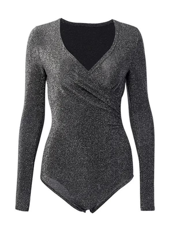 Black slim fit bright silk v-neck jumpsuit, full view
