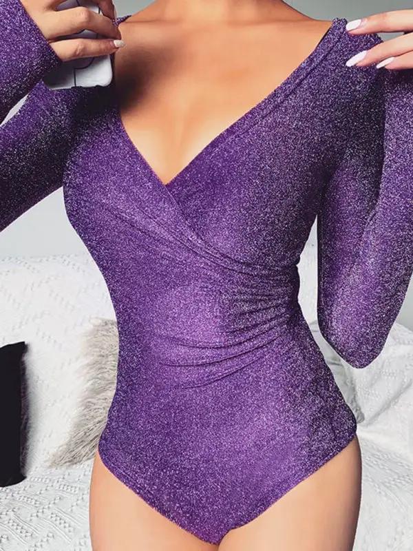 Purple sexy slim fit v-neck jumpsuit, close-up