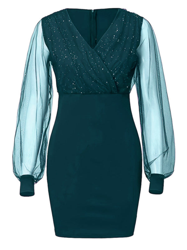 Robe slim à manches longues et col en v en maille pour femme