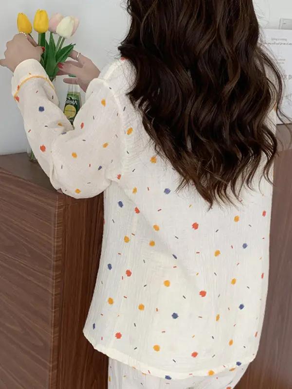 Back view of dot print cotton gauze pajamas