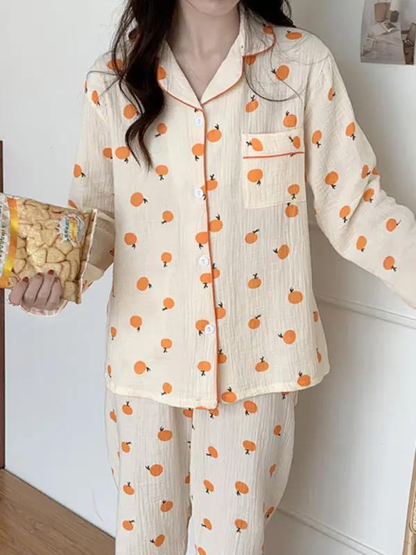Orange print cotton gauze pajamas with snack