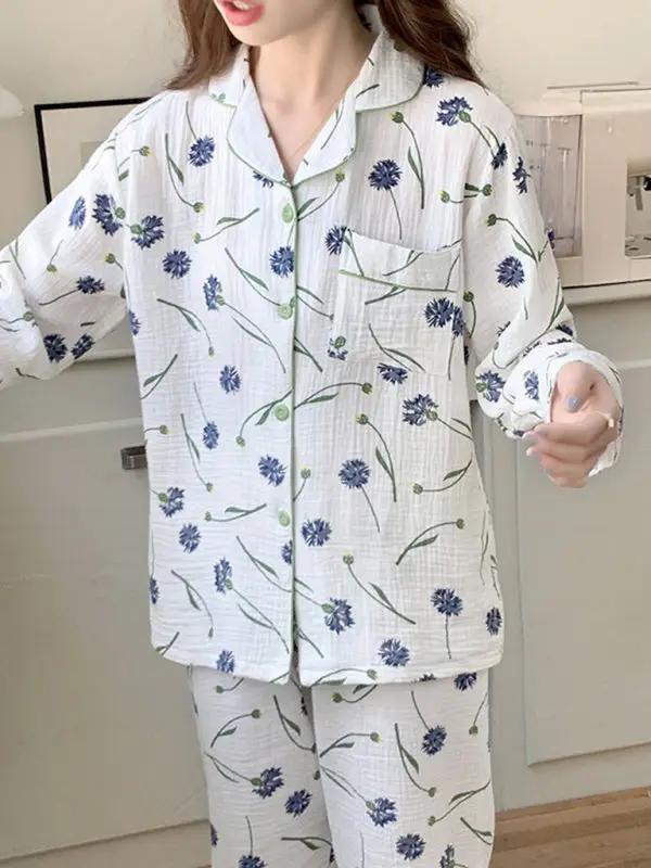 Blue floral print cotton gauze pajamas set
