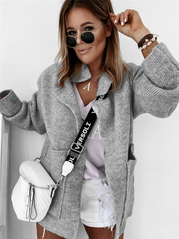 Cardigan tricoté ample à grandes poches pour femmes, col de costume