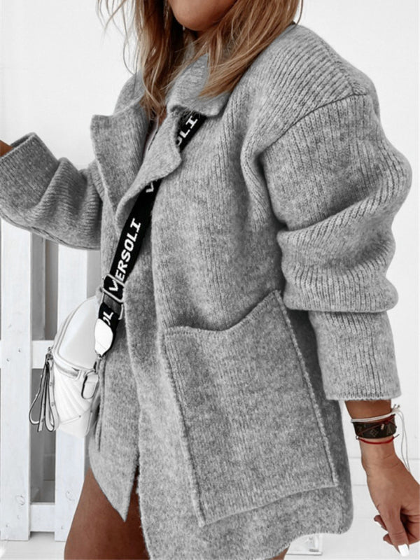 Cardigan tricoté ample à grandes poches pour femmes, col de costume